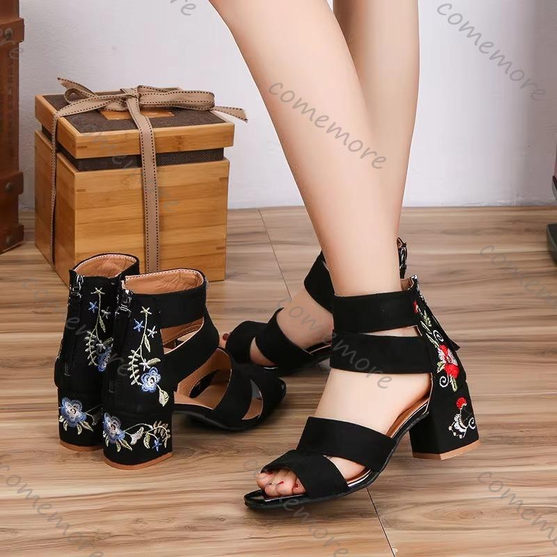 Comemore Black Embroidered Mid-heel Sandals Women Summer All-match Thick Heel Elegant Retro Open Toe Embroidered Shoes Women