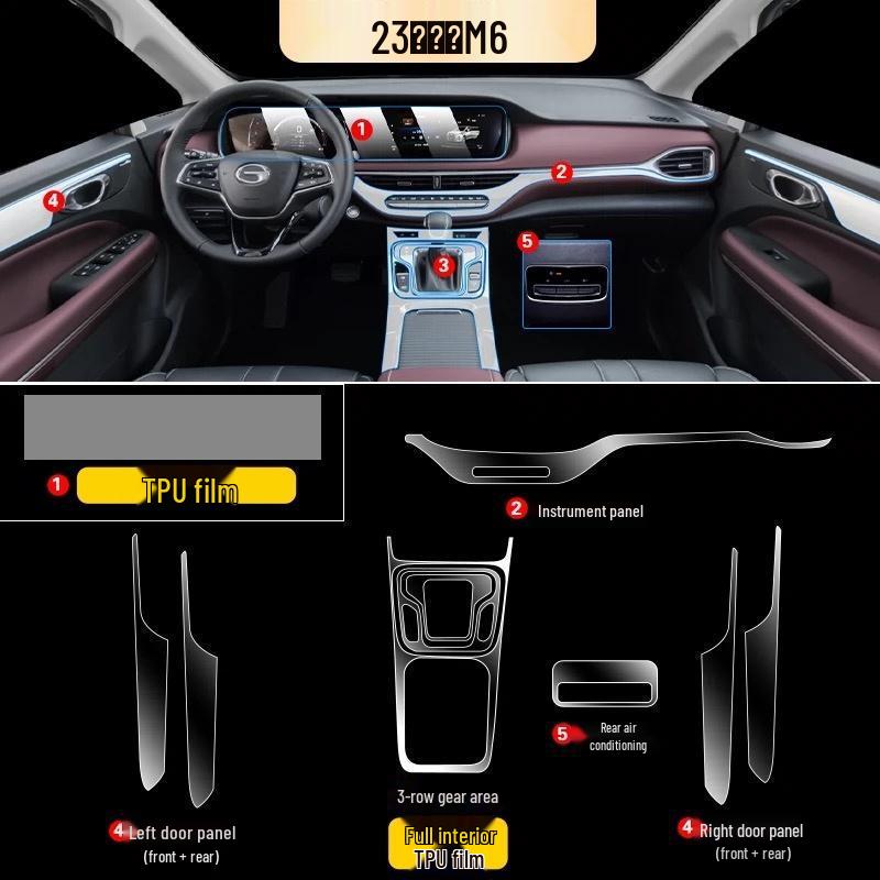 GAC Trumpchi M6 HD Interior Protective Film for Console, Dashboard, and Gear Shift.