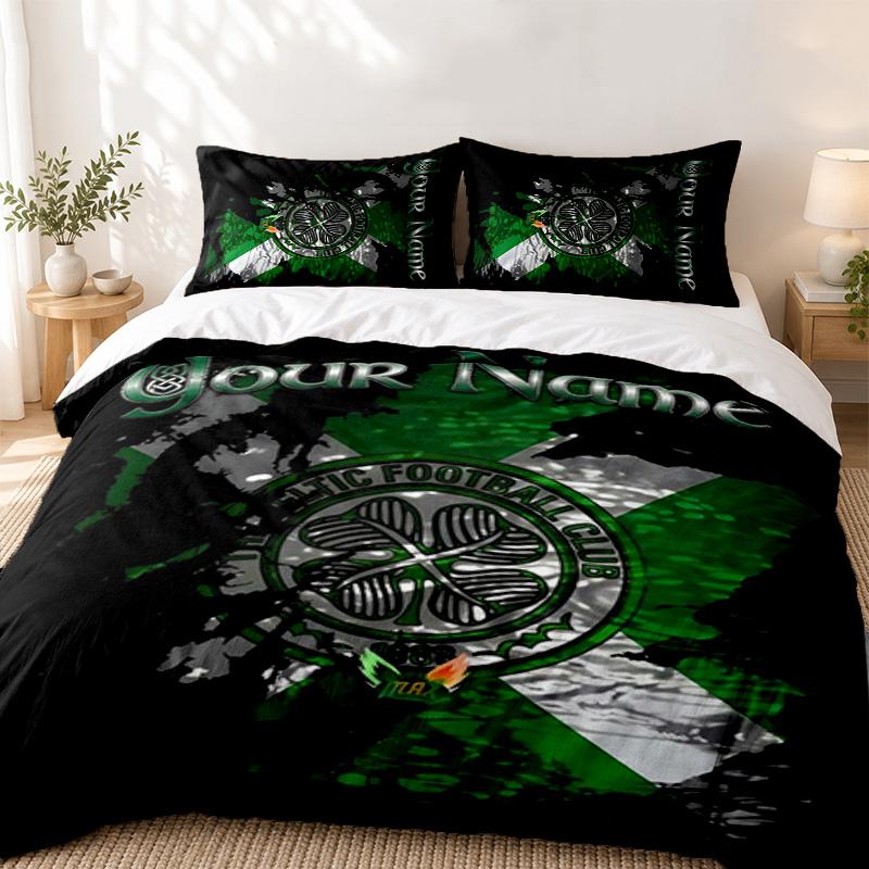 Celtic Football Club Custom Name 3pc set Perfect for bedroom use Comfortable bedding set includes a duvet cover and two pillowcases Ideal birthday or 