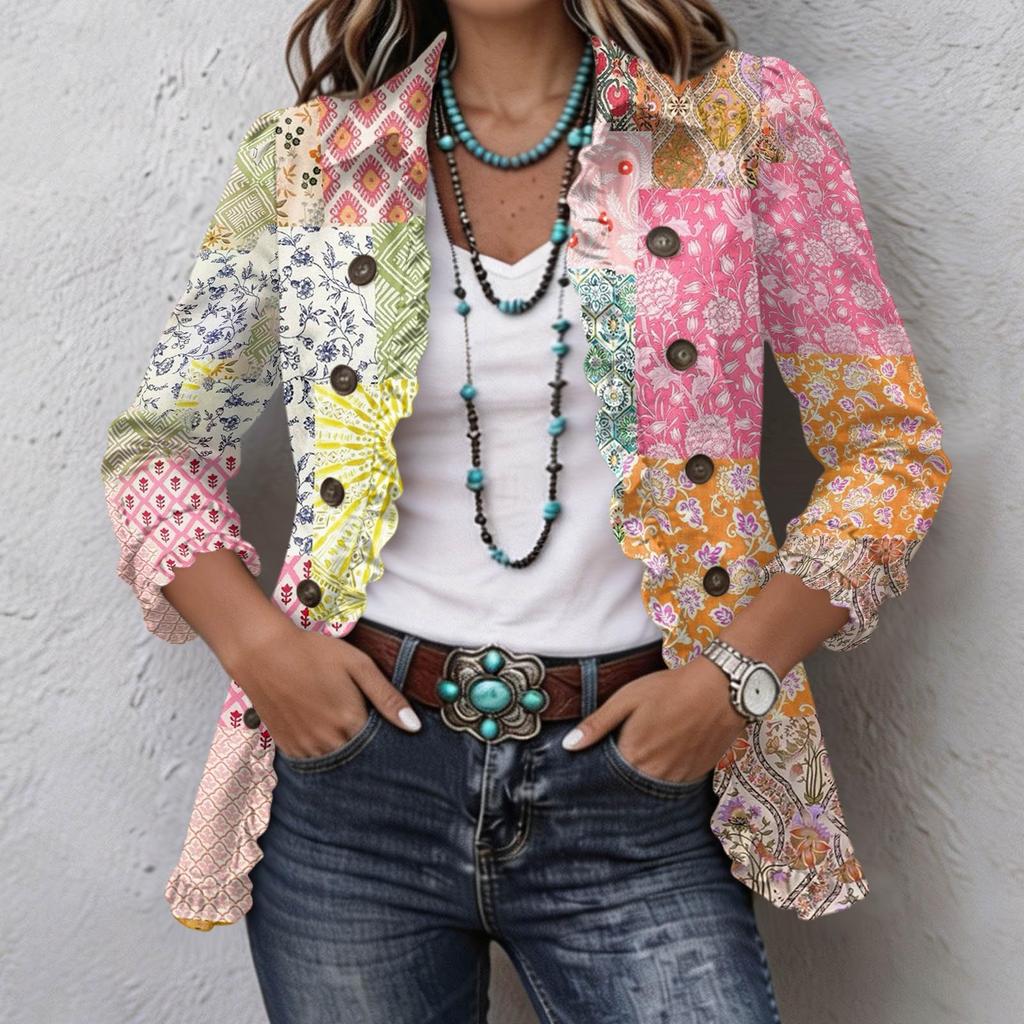 Women's Casual Floral Print Long Sleeve Ruffle Button-Down Shirt Jacket for Spring and Fall
