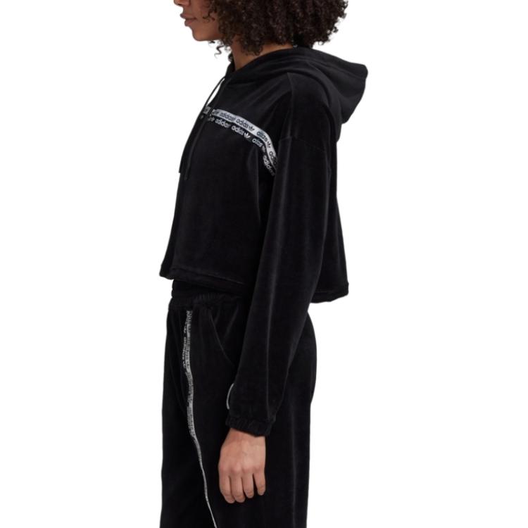 adidas Originals Clover Logo Print Cropped Hoodie Women Tops Black GI1117