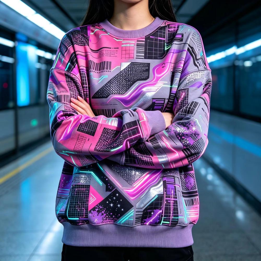 Women Crew Neck Fleece Sweatshirt Cyberpunk Geometric Grid Line Print Long Sleeve Loose No Hood Warm Pullover