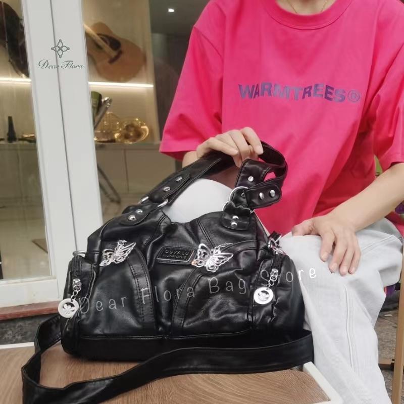 Women's Y2K Vintage Motorcycle Shoulder Bag Fashion Soft PU Chains Multiple Pockets Tote Bags Moto Style Messenger Crossbody Bag