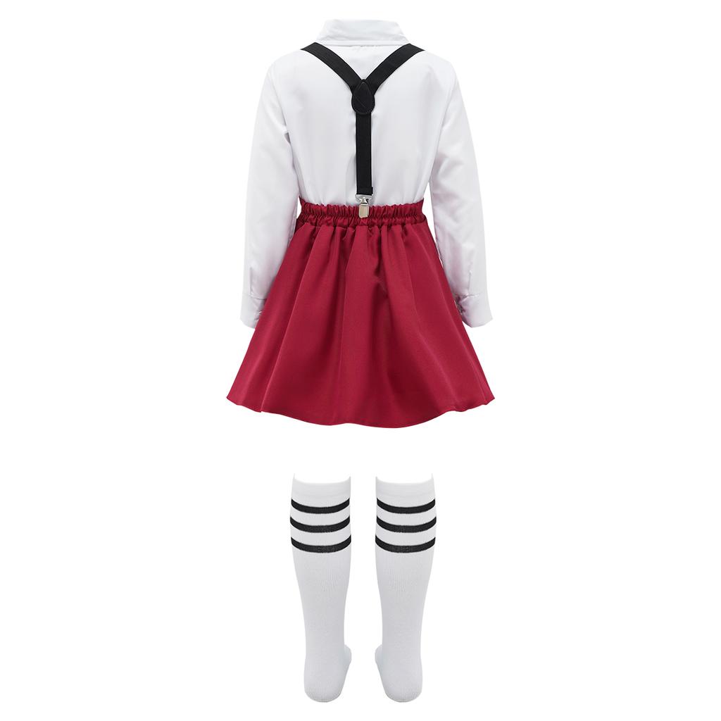 Girls Preppy Style Turndown Collar Bow Top Long or Short Sleeve Button Down with Elastic Waistband Overalls Skirt and Socks Outfit