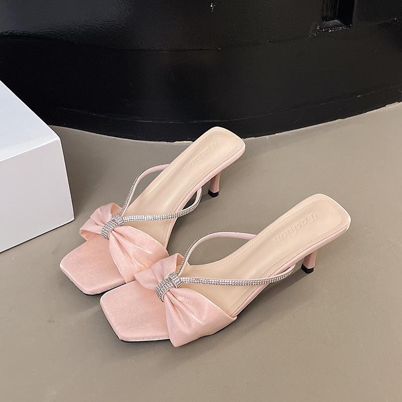 

Фиолетовый атлас со стразами и босоножками, женские, лето 2025, новые туфли с открытым носком и бантом на высоком каблуке 40 розовый