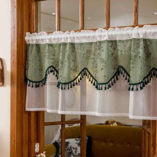 Polyester Tulle Window Valance Jacquard Lace Curtain, 39 Inch Vintage Embroidered Floral Valance, Semi Light Filtering Small Panel Sheer Swag with Rod