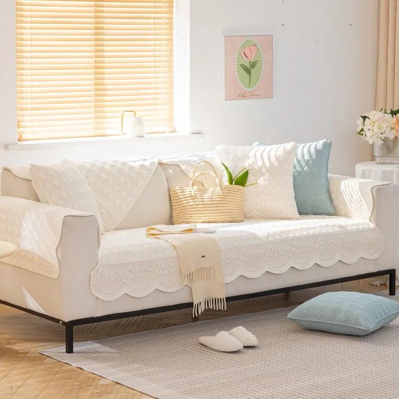 Europe Washed Cotton Sofa Cushion Four Seasons Universal Couch Cover Jacquard Non-slip Willow Leaf Pattern Sofa Towel Wave Edge