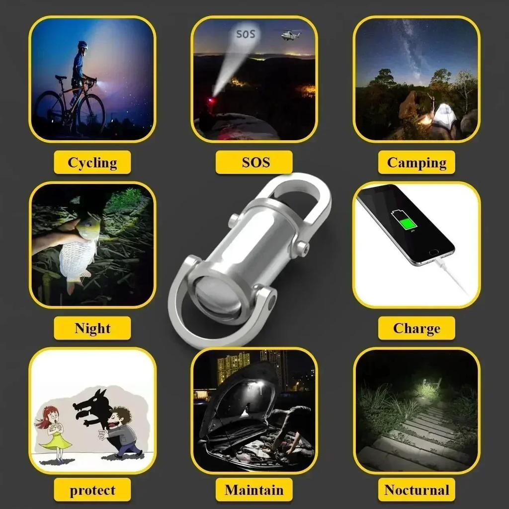 Mini Keychain Flashlight Rechargeable Pocket COB Working Light Outdoor Hook Emergency Warning Light for Camping Walking Hiking