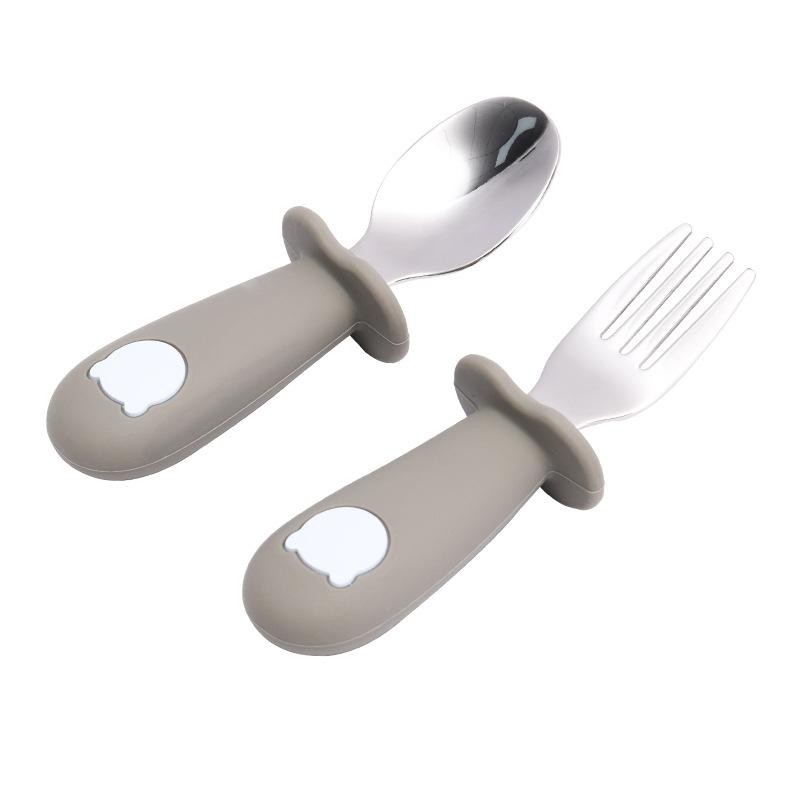 Toddler Stainless Steel Forks and Spoons Set Food Grade Cute Simple Silicone Toddler Safe Utensils Set A5# Gray Green