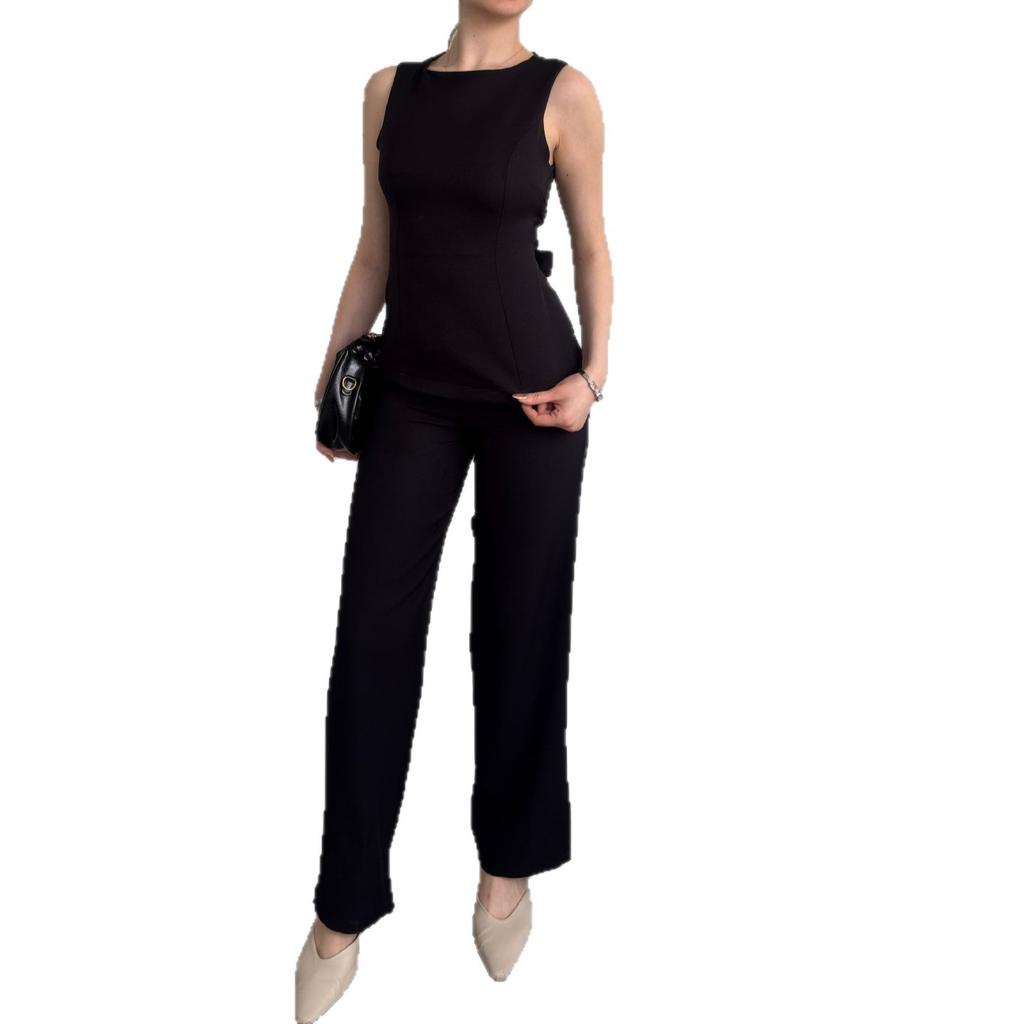 European and women's clothing new round neck sleeveless lace-up waist halter top high waist straight pants set