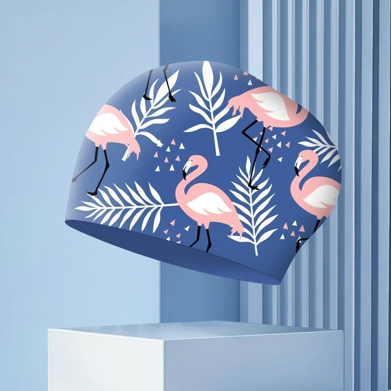 Große Badekappen Damen Mode Druck Ohrenschutz Lange Haare Wasserdicht Silikon Badekappe Badehüte Schwimmzubehör