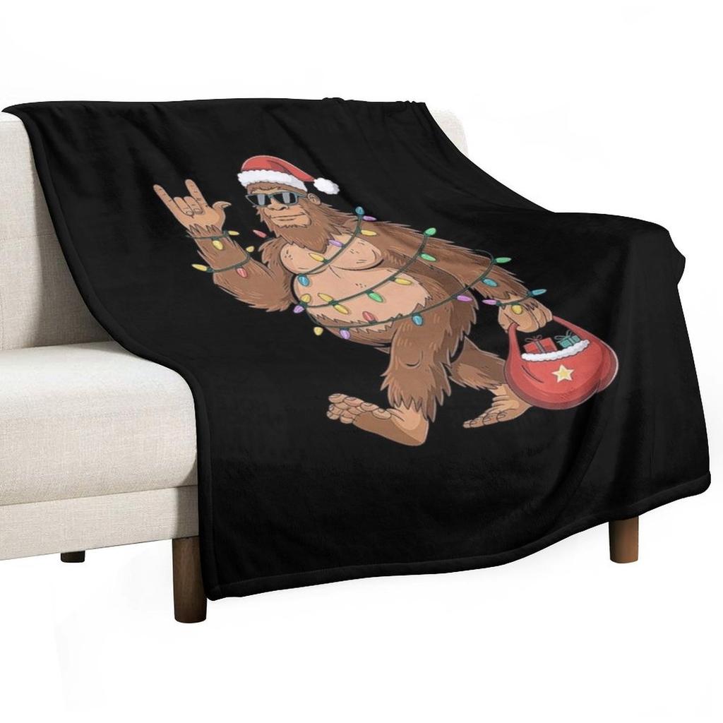 Bigfoot Christmas Art a?? Bigfoot with Santa Hat and Christmas Lights, Fun Holiday Bigfoot Decor Throw Blanket