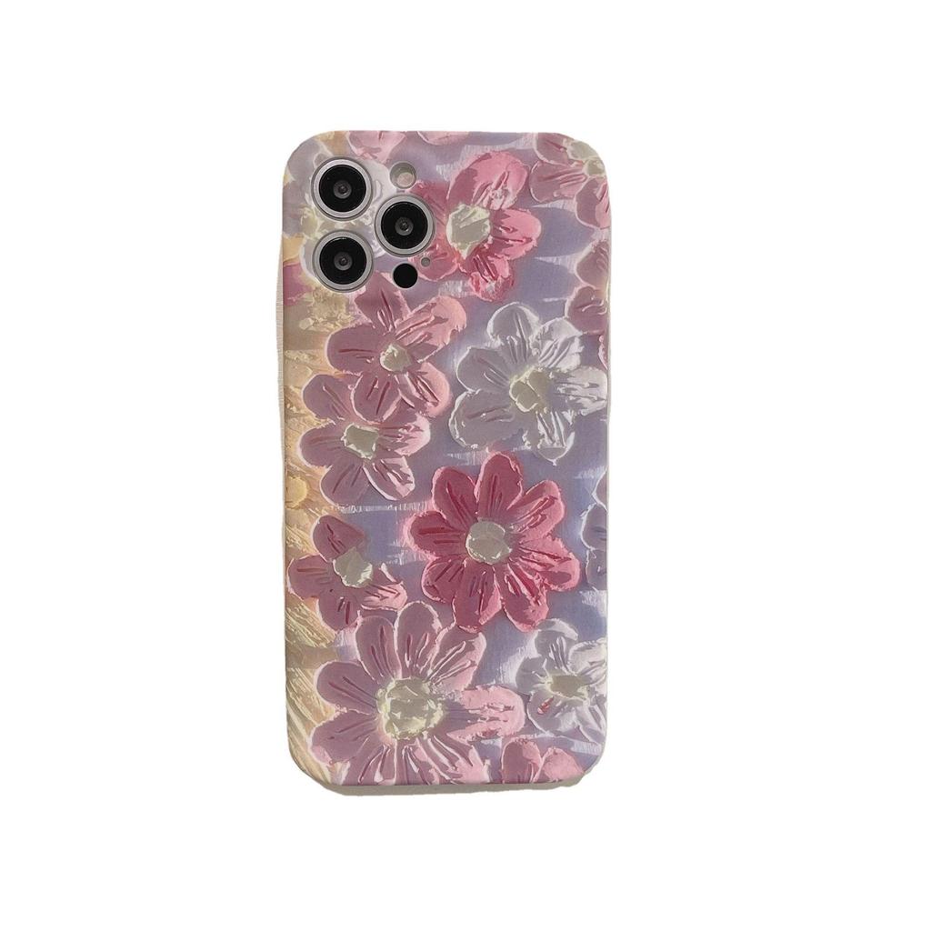 Pink Flower Oil Painting Silicone Case for iPhone 11/12/13/14 Pro Max/15 - Korean Style