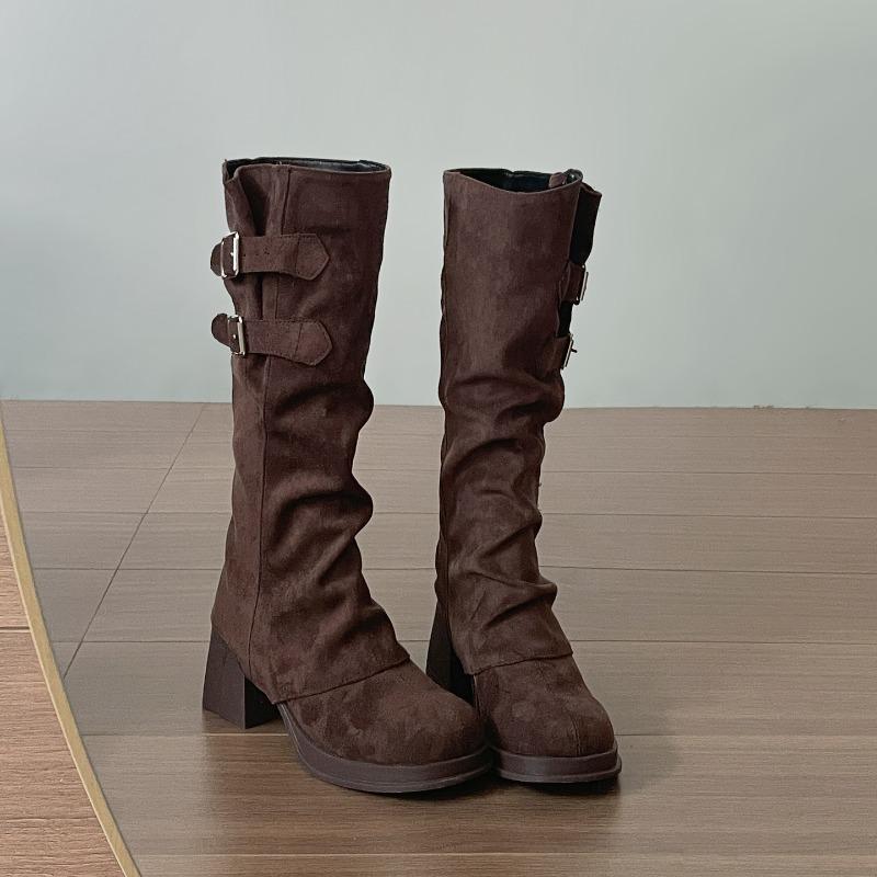 Fashion Vintage Women Western Cowboy Boots Removable Belt Buckle Autumn Winter Shoes Thick Heel Ladies Elegant Long Booties
