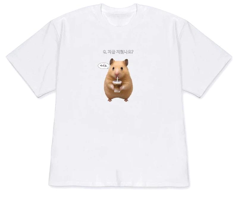 Versatile Korean Lucky Hamster Shortsleeved Printed Tshirt Tops Women Cute Kawaii Hamster Meme Graphic Casual Streetwear Y2k