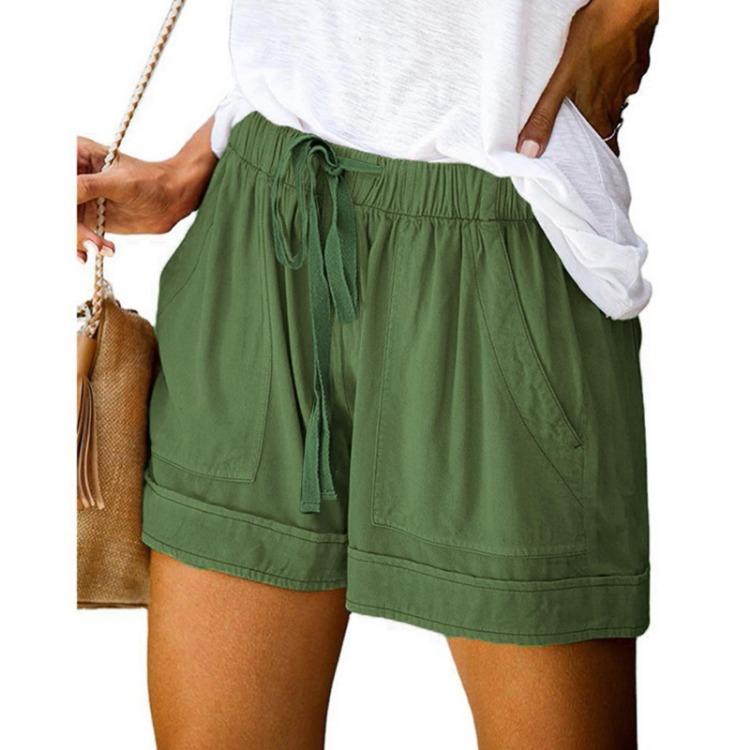 Women Summer Casual High Waisted Elastic Drawstring Shorts with Big Pockets Solid Lace Up Loose Wide Leg Pants