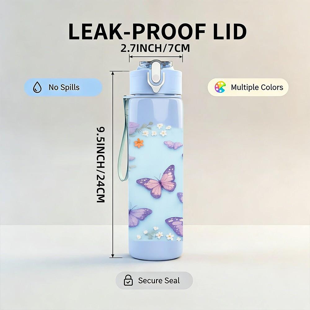 1PC Soft Pastel Butterfly Cloud Pattern Print 750ml Color Plastic Sports Water Bottle Leakproof Flip Straw Lid Suitable for Sports Office Home Use
