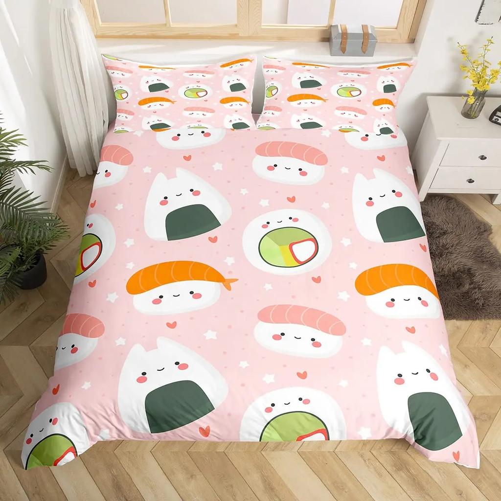 Sushi Comforter Cover,Kawaii Rice Printed Duvet Cover,Cartoon Sushi Food Bedding,Salmon Caviar Sushi Japanese Style Quilt Cover