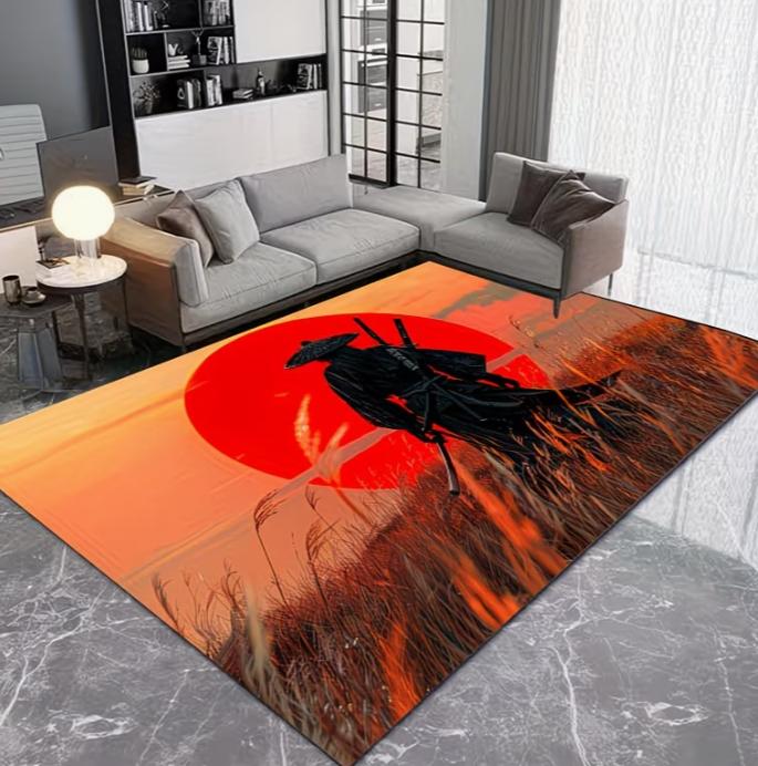 Alfombra de Ola Japonesa Cielo Rojo, Luna, Decoración Zen - Tamaño Personalizado Sala de Estar Dormitorio Decoración del Hogar Alfombra