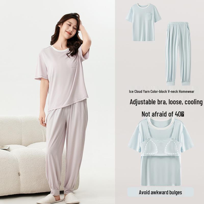 Ice Cloud Cool Feel Color-Blocked Round Neck Short Sleeve Pocket Pajamas with Cups
