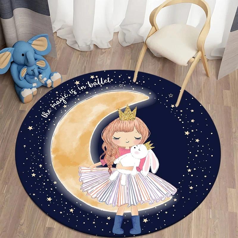 Cartoon Ballet Girl Round Carpet Moon Princess Print Rug For Children's Room Sofa Living Room Balcony Corridor Decor Floor Mat