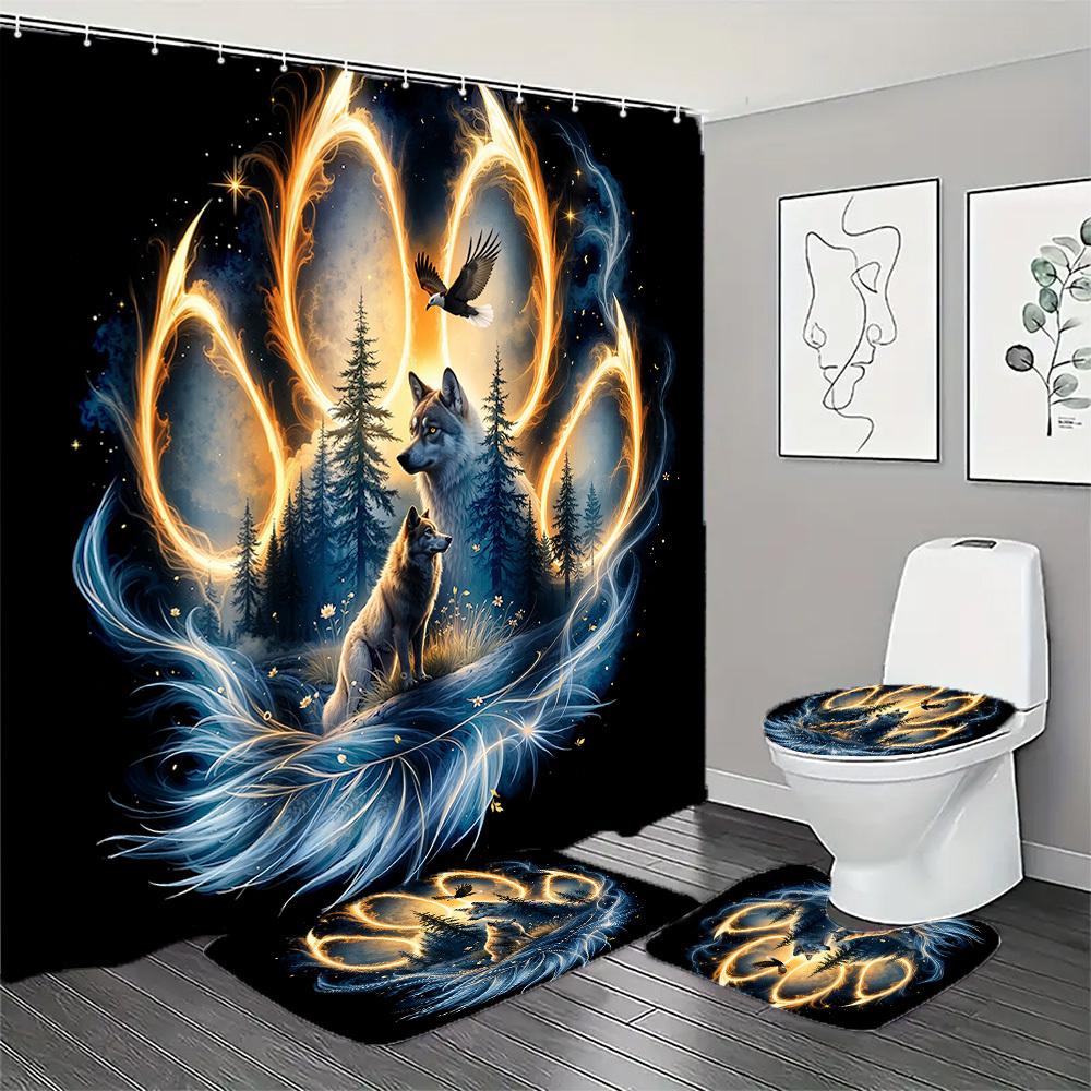 1/4Pcs Bathroom Shower Curtain Set Magic Forest Wolf Bathroom Curtain With 12 Hooks Non Slip Rugs Toilet Cover Mat Bathroom Partition