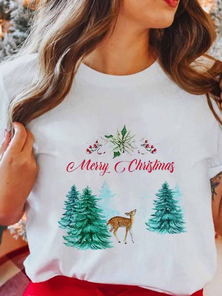 Women's Tops Christmas Short Sleeve Tees Female Summer Beach Funny Cartoon Santa Reindeer Printed T-Shirt Regular Graphic Female