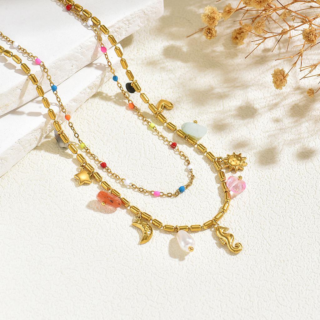 Geometric Ocean Style Necklace Heart Seahorse Multi-Layer Rhinestone Pendant Jewelry for Women