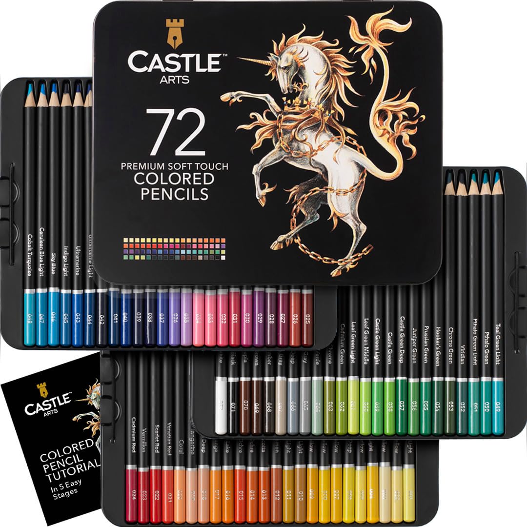 

Castle Art Surprise Pencil Set Premium Pencils for Adult and Colorists Protective Tin Case for Easy Organization 72-Colored Soft-Core Artists,