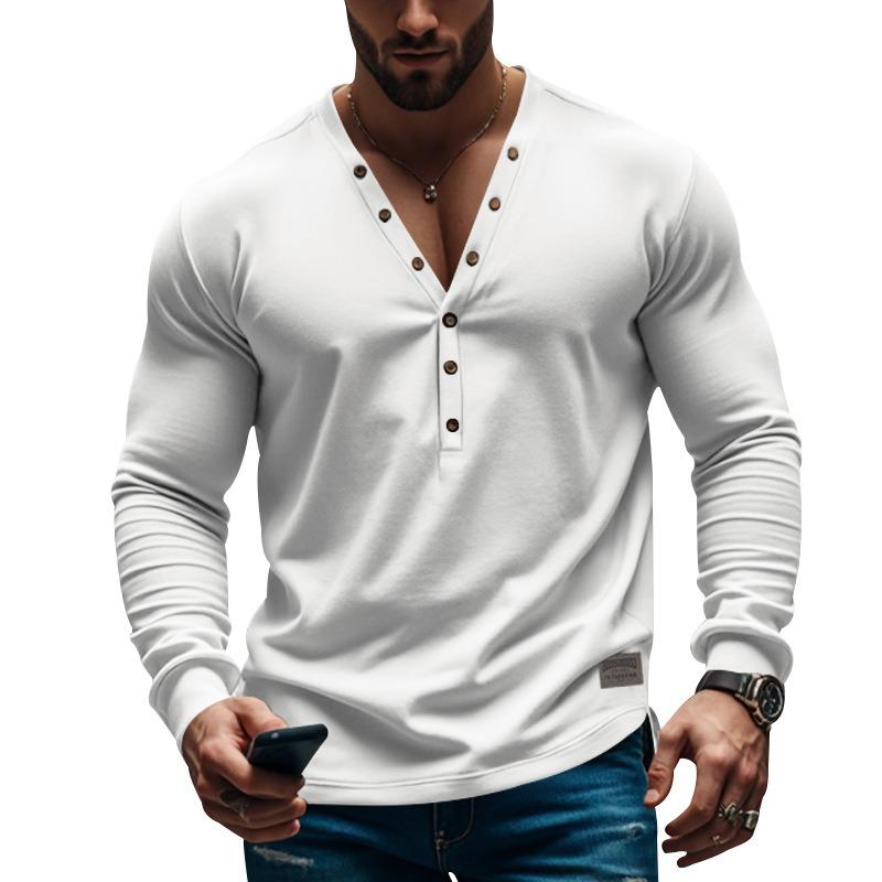 Mens Slim Fit Long Sleeve V Neck Buttoned Casual T Shirt