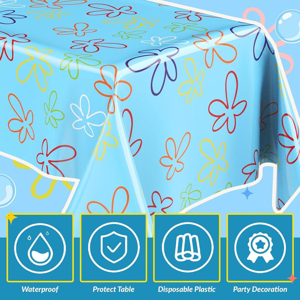 Oudain 2 Sheets Sponge Birthday Party Supplies Blue Ocean Flower Tablecloth 54 x 108 Inch Plastic Table Covers for Birthday Party Decorations