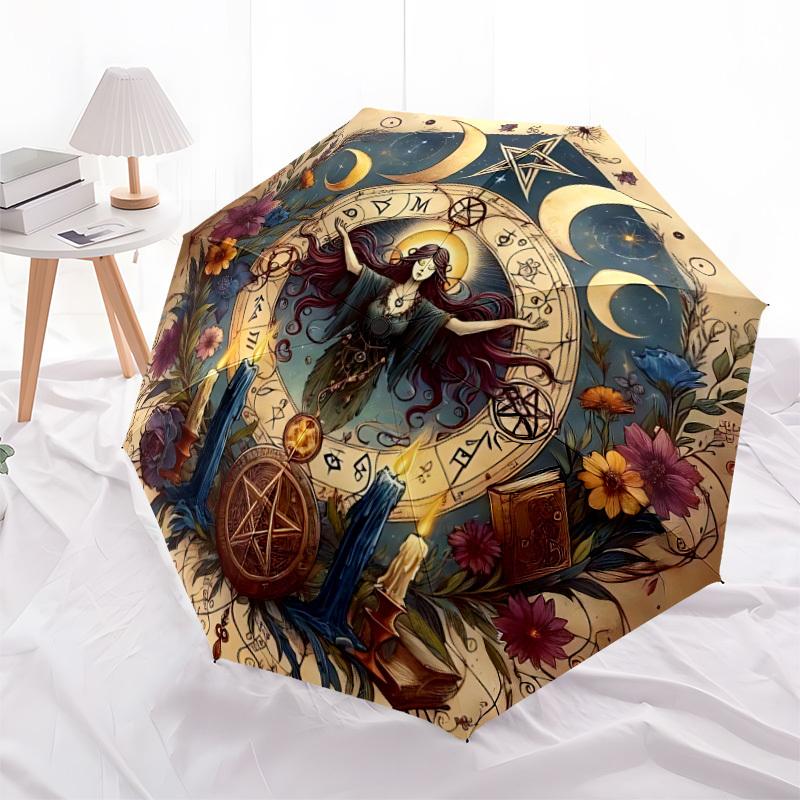 1pc Wicca Moon Fashionable Automatic Opening/Closing Folding Umbrella with 8 Bones, Windproof Portable, Daily Use35