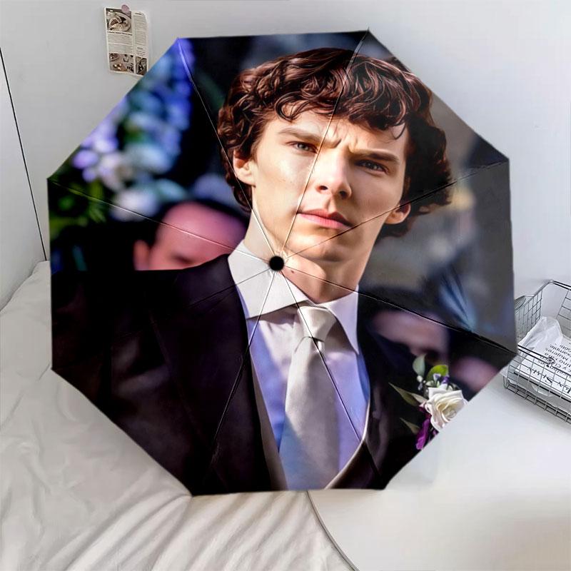 Sherlock Holmes pattern, automatic folding umbrella, portable and foldable design, 8 ribs, a Christmas or birthday gift.