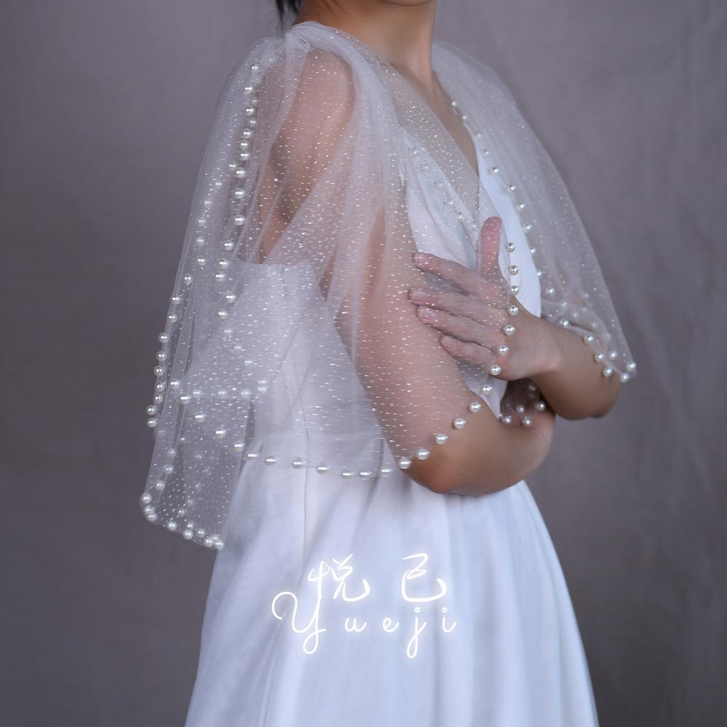 Detachable Glitter Tulle Puff Short Sleeve Cuffs, Mixed Size Pearl Beaded Sheer Arm Covers for Wedding Bridal Evening Dress