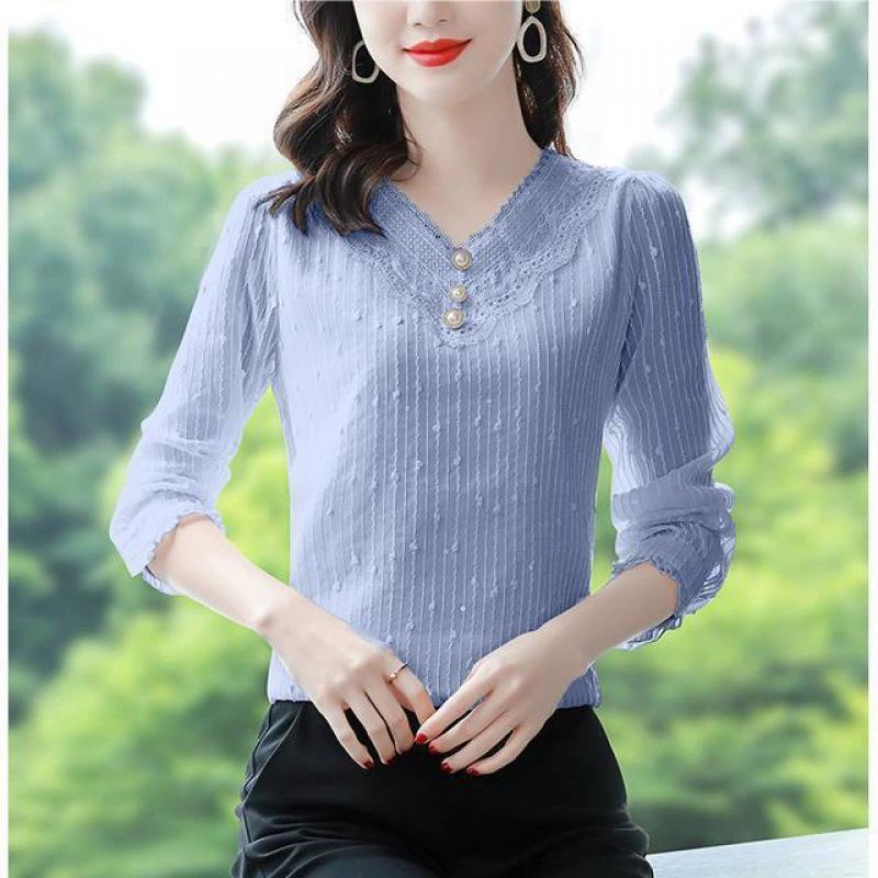 Spring and Summer Women's Fashion Lace V-Neck Tshirt Loose Relaxed Commuter Long Sleeve Pullover Solid Button Sexy Vacation Tops