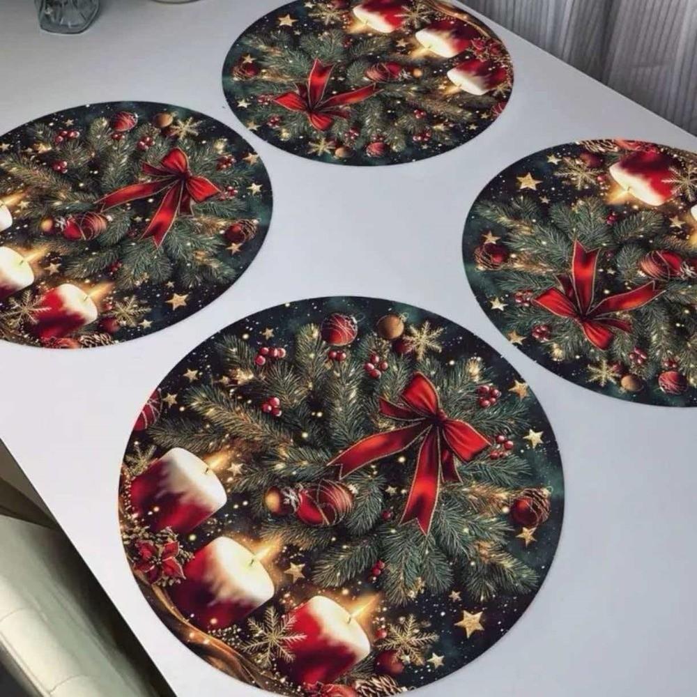 2PCS Anti-Slip Christmas Round Placemat Heat Resistant Christmas Dining Mat  Christmas Decor