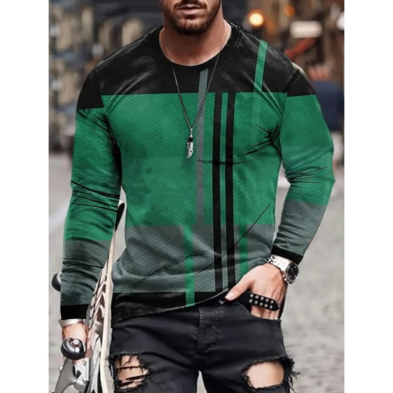 Vintage T-Shirt for Men Irregular Plaid Graphic T Shirts Round Neck Long Sleeve Tee Oversized Man Clothing Top Creative Clothing