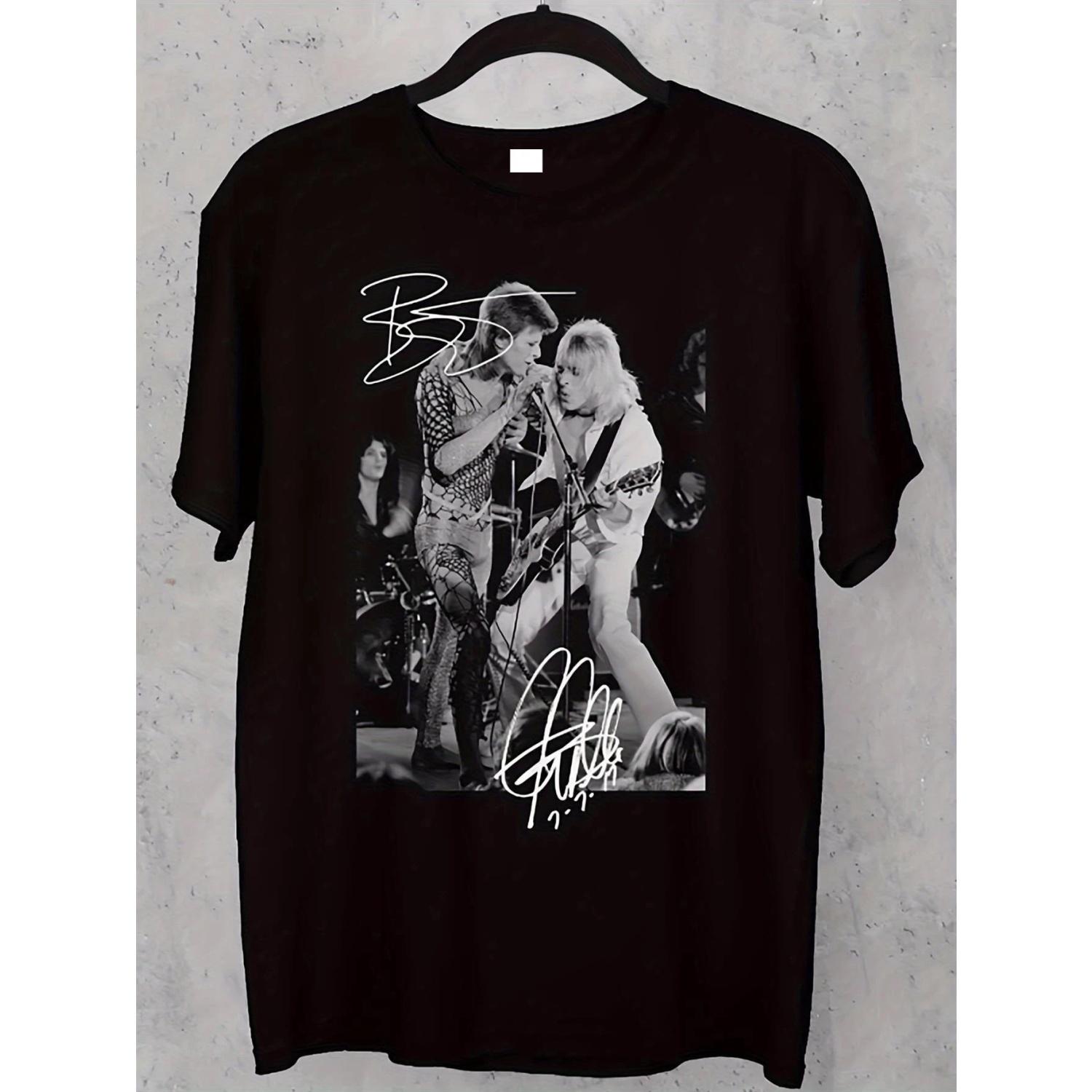 

Mick Ronson and Bowie Signature T-shirt - The Perfect Gift for Music Fans, Iconic Music Design Concert Costume, Retro Style S чёрный