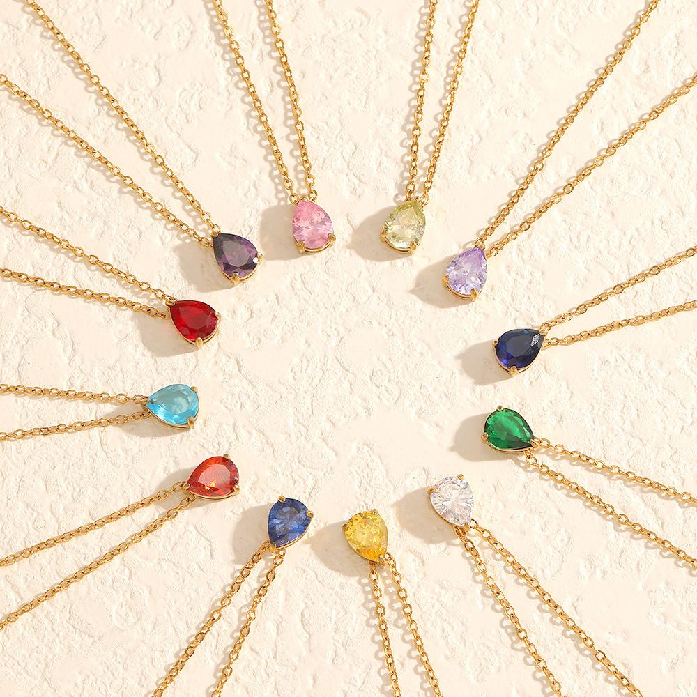 Trendy Fashion Color Zircon 18K Gold Plated Stainless Steel Water Drop Birthstone Pendant Stacked Collarbone Necklace for Women