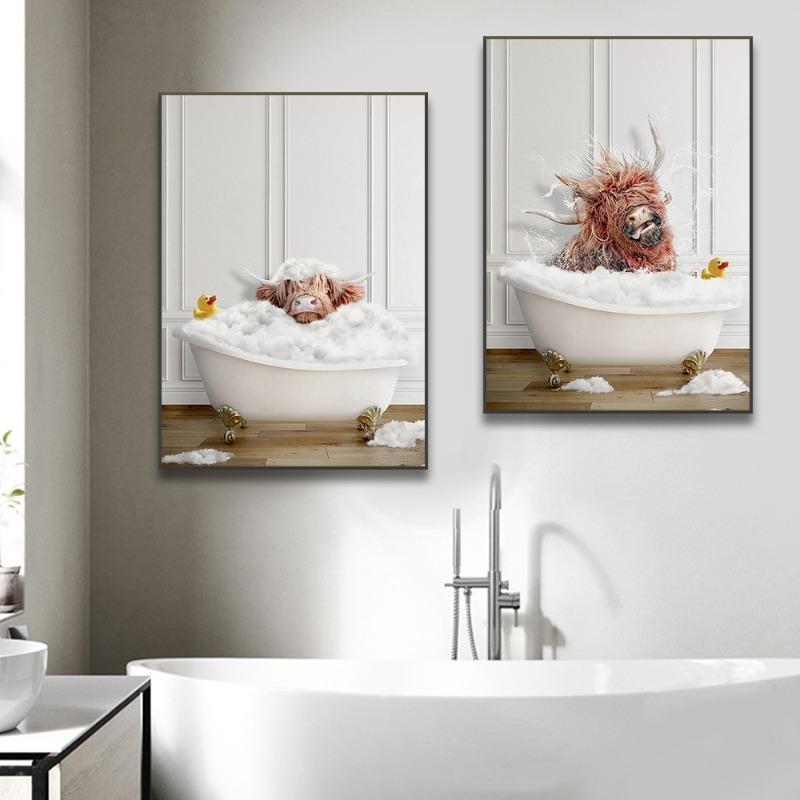 Funny And Cute Animal Canvas Prints Bathroom Wall Art Posters Highland Cow Giraffe Lion Take Shower Pictures For Washroom Decor