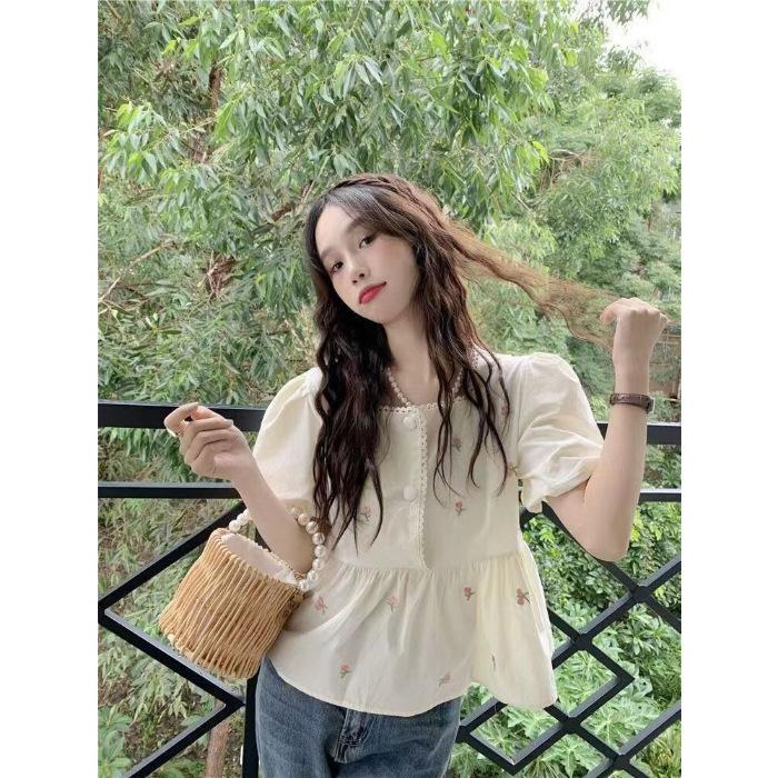 Square collar splicing bubble sleeves floral shirt new sweet foreign loose short-sleeved girls top trendy summer S