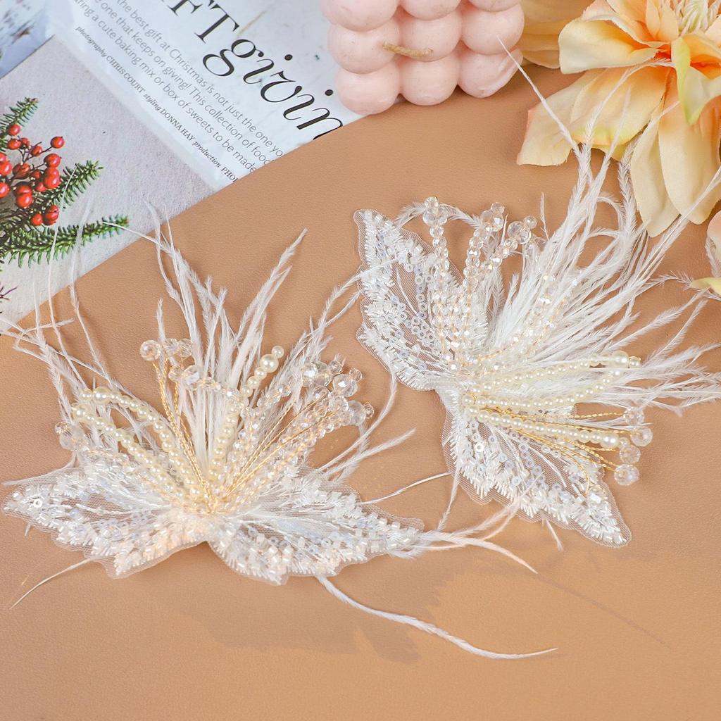 White Lace Feather Pearl Crystal Floral Wire Headwear & Brooch Accessories for Shoes and Hats