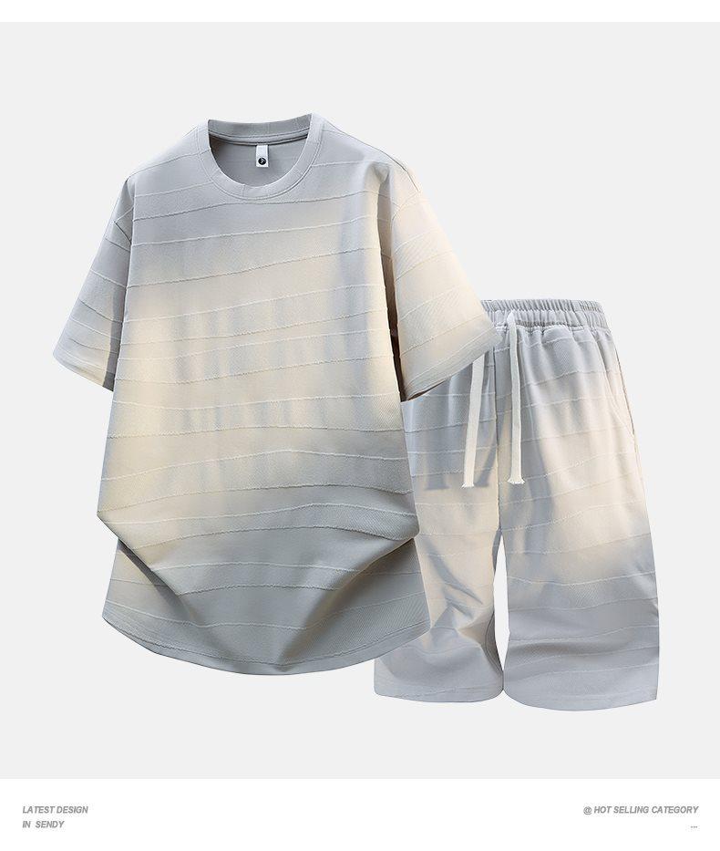 Trendy Men's Summer Jacquard Short Sleeve Round Neck T-shirt Set