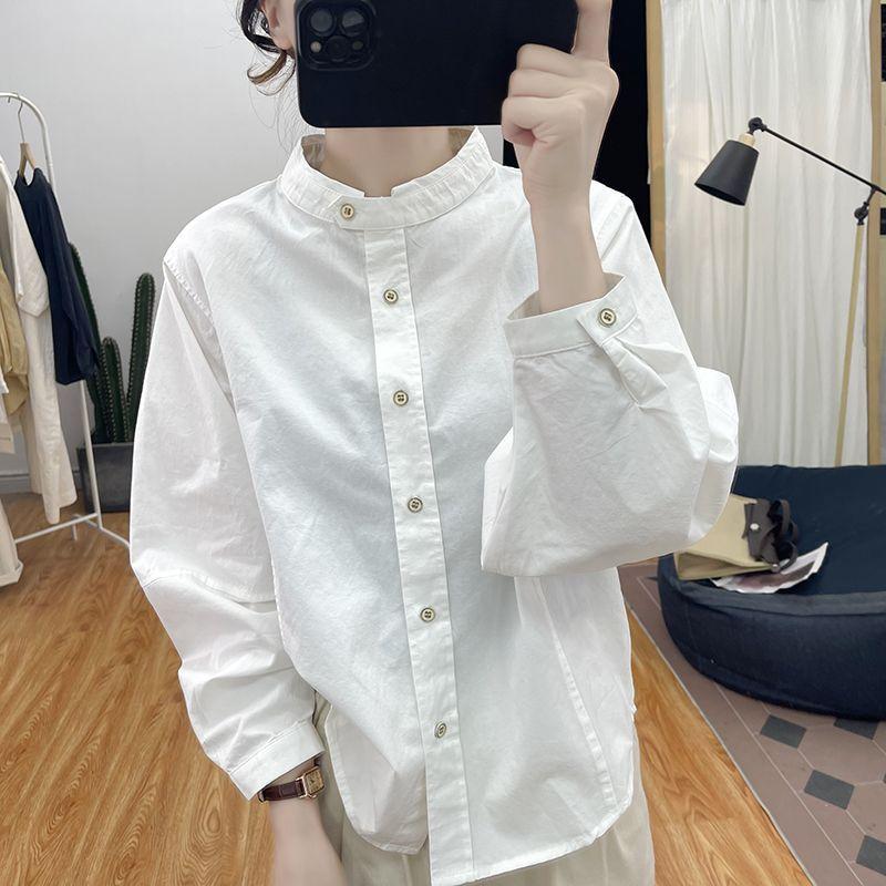

Autumn Pure Cotton Lantern Sleeve Long-sleeved Shirt Women s Stand Collar Top New Retro Loose Shirt XXXL білий