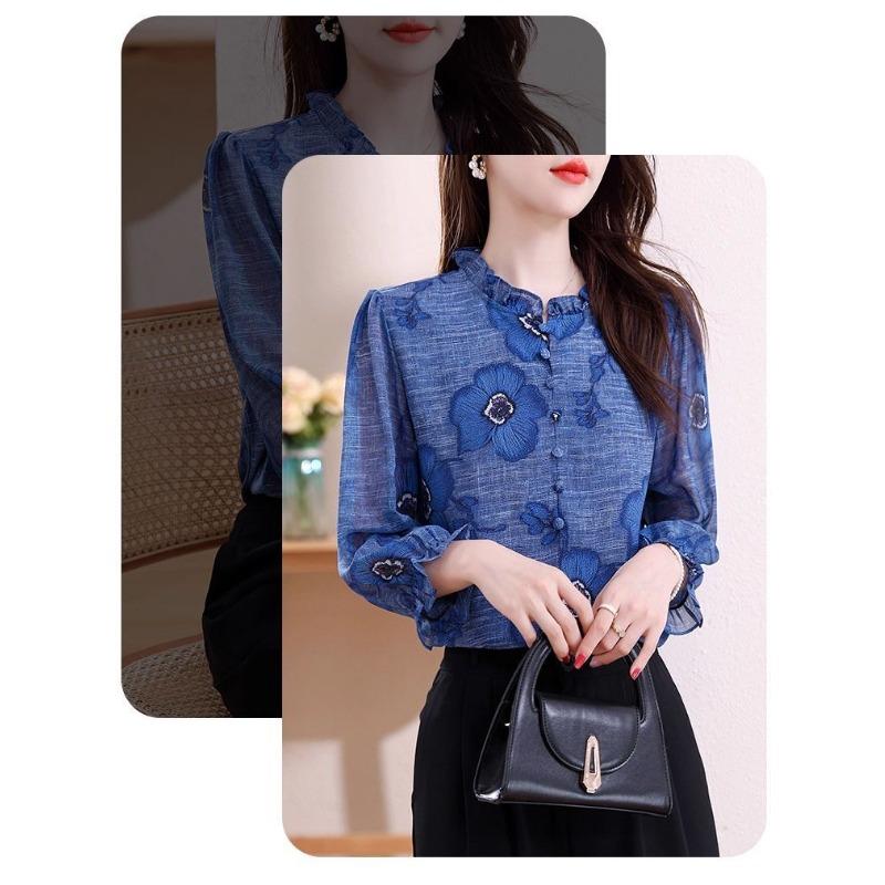 Autumn Fashion Versatile Wood Ear Neck Nine-point Sleeve Printed Chiffon Shirt Women's Long-sleeved Top Stand-up Collar Shirt