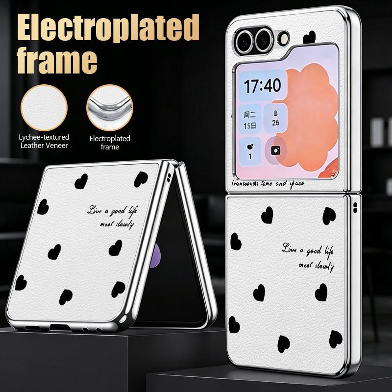 INS Heart Sticker Collage Case For Samsung Galaxy Z Flip 8 7 6 5 Z Flip8 Flip7 Flip6 Hybrid 3in1 Plating Leather Skin Folding Phone Cover