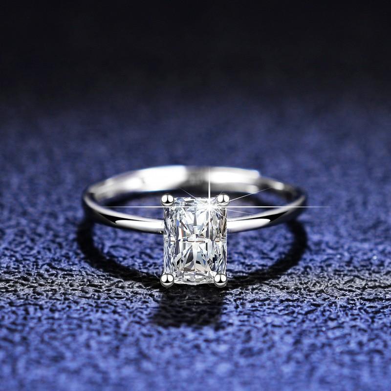 Adjustable Open Ring Women With Geometric Emerald Cut Moissanite 1ct Sterling Engagement Promise Adjustable Open Band