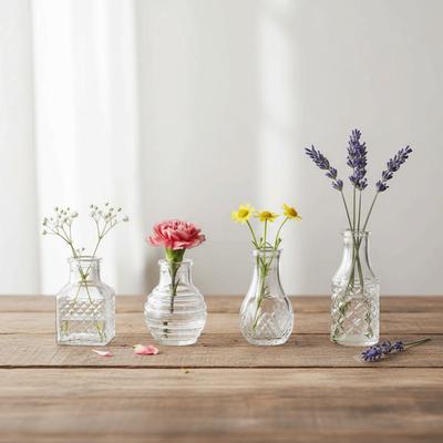 10PCS/SET Retro Relief Mini Glass Vase Crystal Clear European Style Flower Vase Elegant Decorative Small Vase Set Office