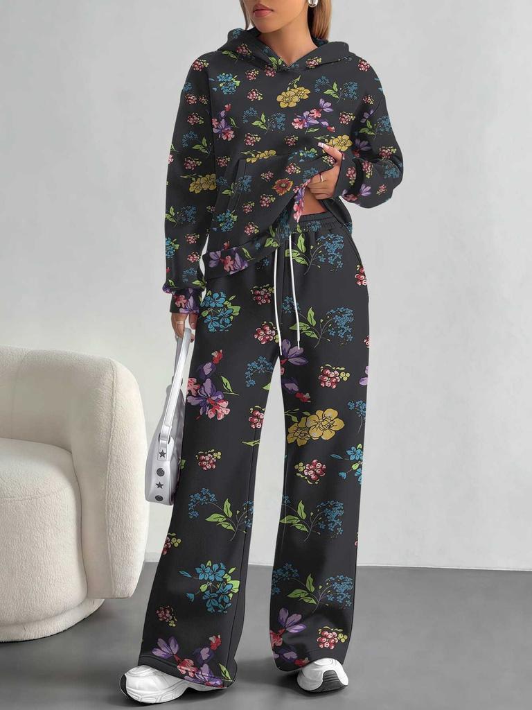 European and American Autumn/Winter 1116 Casual Vintage Floral Long-Sleeve Set, Women's Hoodie Sweatshirt and Long Pants Two-Piece Set