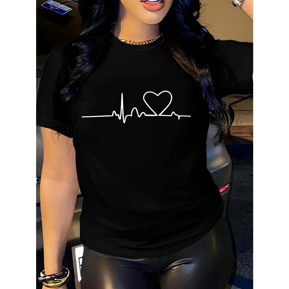 Heart Print T-shirt Short Sleeve Crew Neck Casual Summer Summer Short Sleeved Harajuku Streetwear Tops Tees Aesthetic Clothes